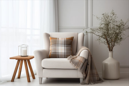 Contemporary Comfort: The Serene Interior of a Modern Living Room with a Soft Armchair, Table, and Plaid âAR 3:2の素材