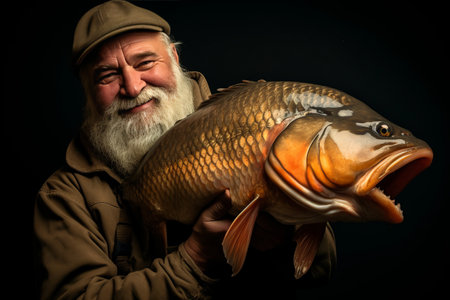 The Joyous Triumph: A Mature Fisherman Grinning with Pride as He Holds a Magnificent 3:2 Carpの素材
