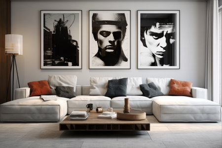 Sophisticated Ambiance: Captivating Pictures Adorn the Stylish Living Roomの素材