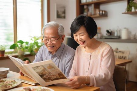 Preserving Precious Memories: A Happy Asian Senior Woman Reliving Important Life Moments Through Family Photo Albumの素材