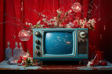 Vintage Vibes: Reminiscing in a Nostalgic Setting with an Antique Television and Shimmering Tinsel on a Blue Surface against a Vibrant Red Backgroundの素材