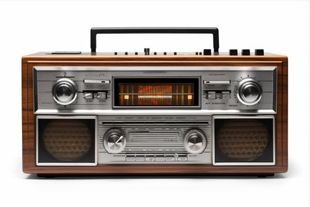 Vintage AM FM Radio with Cassette Tape Player: Nostalgic Front Face in Isolationの素材