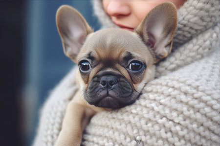 In the Arms of Love: Enchanting Close-up of a Lady and her Adorable French Bulldogの素材