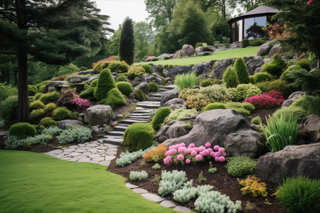Hilltop Haven: A Stunning 3:2 Landscape Garden Design with Stonework Accents and Diverse Plantingsの素材