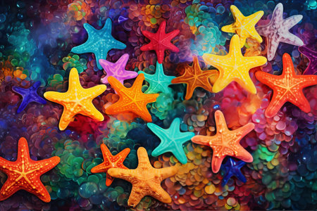 The Mesmerizing Aquatic Tapestry: AI-Generated Underwater Masterpiece Showcasing a Multicolored Parade of Starfishの素材
