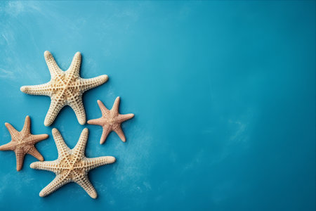 A Mesmerizing Swim: One Big Starfish and Five Small, Lying on a Serene Blue Background, Top View with Ample Copy Space â AR 3:2の素材
