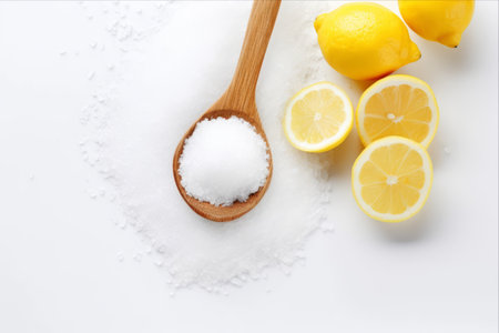 Citric Acid Salts: Luminous White Crystals and Lemon Zest on Wooden Spoon - A Versatile Food Additive E330の素材