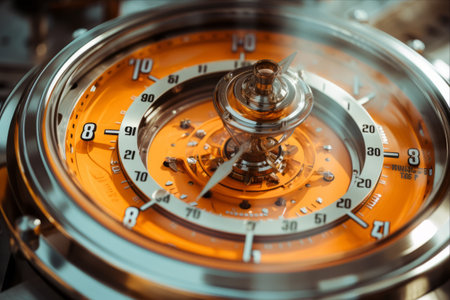 Mysterious Metallic Timepiece: Enigmatic Abstract Clock with Orange Dial and Circular Nozzle Design -- AR 3:2の素材