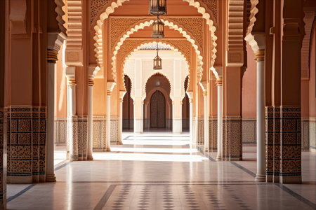 Majestic Architectural Splendor: Ornamental Arched Passage Adorned with Columns and Decorative Elements in Ancient Moroccan Buildingの素材