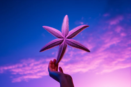 Captivating Composition: A Palm Over a Purple Starfish in a 3:2 ARの素材