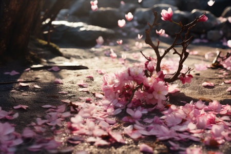 Enchanting Blossoms: A Delicate Dance of Plum Petals on the Ground - AR 3:2の素材