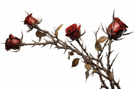Prickly Beauty: Exquisite Close-Up of Thorny Stem Roses on White Backgroundの素材