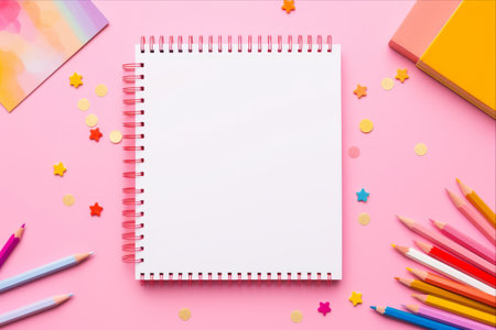 School Chic: Vibrant Stationery Against a Playful Pink Backdropの素材