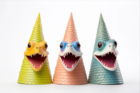 Whimsical Celebration: Colorful Party Cone Hats with Serpentine on a White Canvasの素材