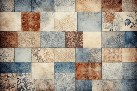 Picturing the Beauty: Captivating Patchwork Design Tile Background Texture in Ceramic Pattern (Aspect Ratio 3:2)の素材