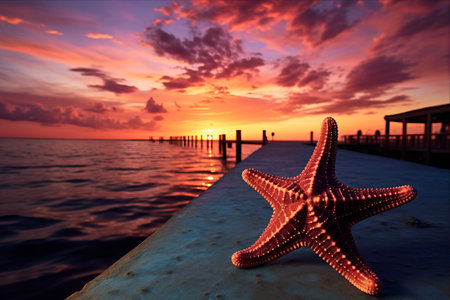 Serenity on the Horizon: Capturing a Sea Star on a Pier at Sunsetの素材