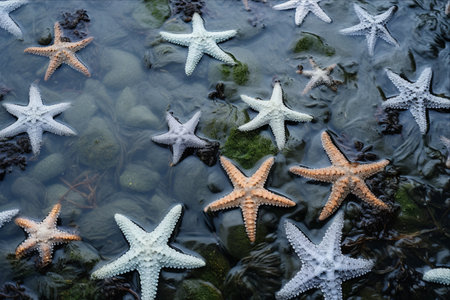 Mesmerizing Sight: Sea Stars Pisaster Ochraceus Form Enchanting Cluster during Low Tide on Washington State Beachの素材