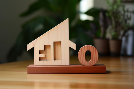 Real Home Interest Explored: Percentage and Wooden House Sign on a Wooden Tableの素材