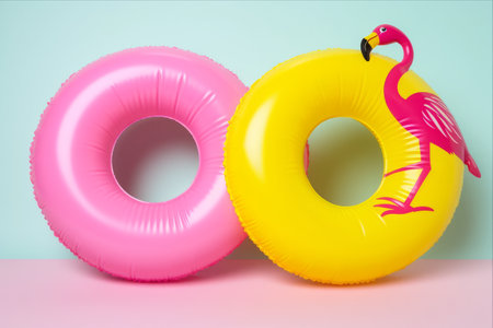 Playful Summer Vibes: Vibrant Collage of Unicorn and Flamingo Inflatable Rings in a Sunny Resort Settingの素材