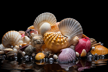 A Captivating Contrast: Seashells Adorn the Enigmatic Abyss of Black Waters --ar 3:2の素材
