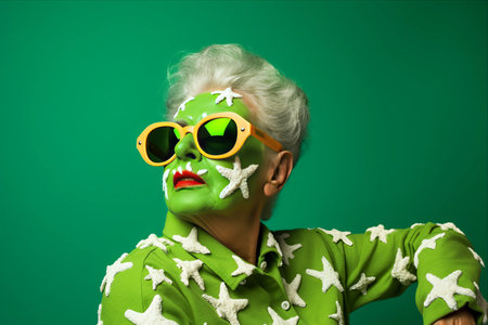 Radiant Senior Woman Embracing Summer with Sunscreen Cream and Starfish on Lush Green Backgroundの素材