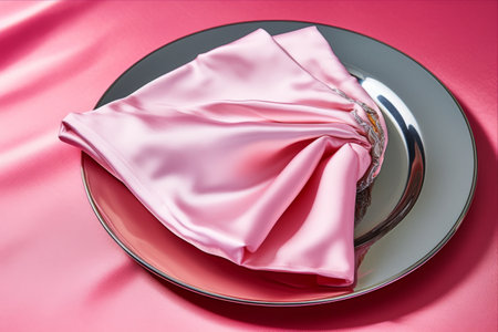 Elegantly Adorned: A Silver Ring Envelopes a Serviette on a Pink Dinner Plateの素材