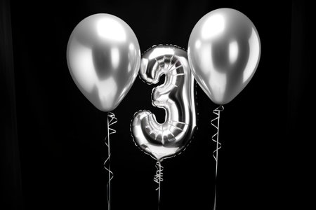 Captivating Silver Balloons Showcase: A Whimsical Composition of Month-themed Balloon and Glowing Silver Numbers 1 and 3の素材