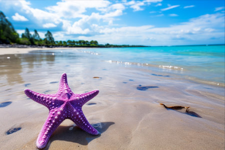 Enchanting Sights: Vibrant Purple and Blue Starfish Adorn the Beaches of Tanzania, Africa -- A Captivating AR 3:2 Adventureの素材