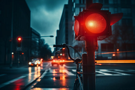 Prohibition of Bicycle Movement: Red Warning Lamp Signals in a Dark German Cityの素材