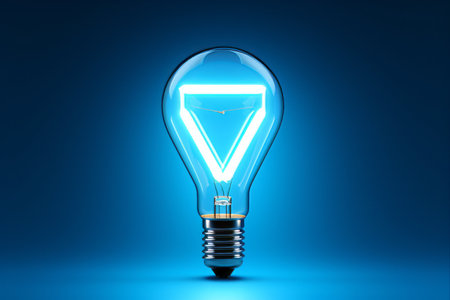 Shining Bright: A Striking 3D Render of a Blue Billboard Light Bulb with Arrow Shapeの素材
