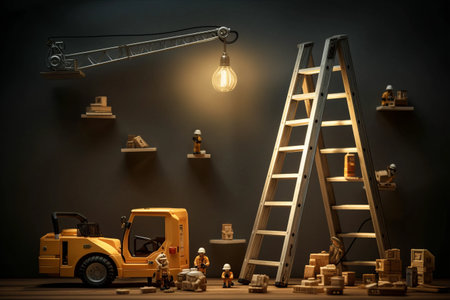 Innovative Interplay of Objects: Exploring Composition with Camera, Lightbulb, Domino, Ladder, and Toy Excavator â AR 3:2の素材