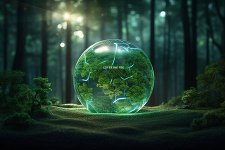 Harmonizing Nature and Technology: Exploring the ESG, CO2, Circular Economy, and Net Zero Icons in a Serene Green Forestの素材