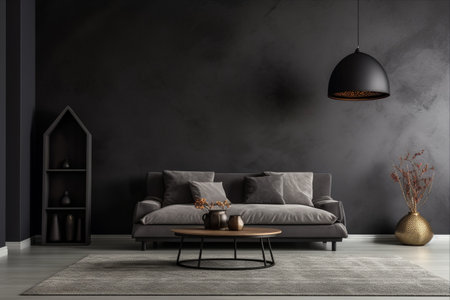 Modern Elegance: A Stylish Interior Design Featuring a Lounge, Bedroom, and Striking Black Wall Texture Backgroundの素材