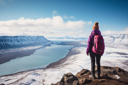 Embracing the Majestic Vistas: A Adventurous Woman Conquers Vatnajokull National Park in her Weather-Ready Attireの素材