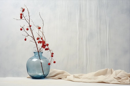 Contemporary Still Life: Exploring Glass Vessels and Dried Red Flowers in a Harmonious Displayの素材