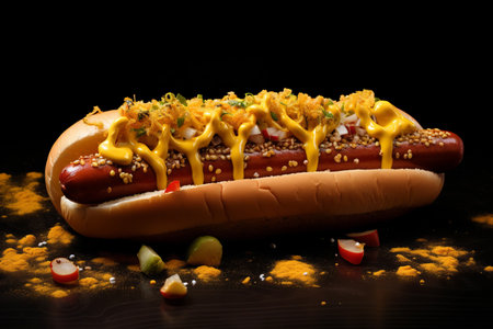 Zesty Mustard Topped Hot Dog: A Tangy Delight! - AR 3:2の素材