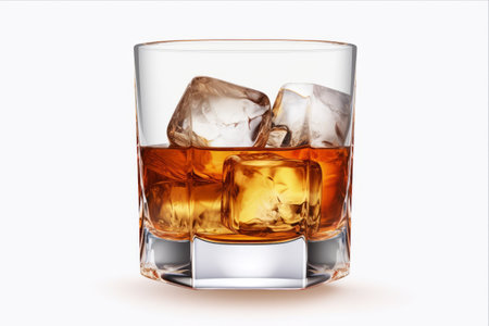 Crystal Clear: Ice Cube Whiskey Glass on White Background with Whiskey on the Rocks (PNG)の素材
