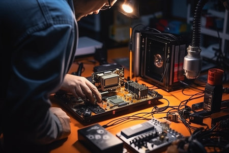 Masterfully Fixing Chips: Electronics Engineer Demonstrates Expertise in Workshopの素材