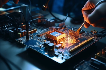 Mastering the Art of Chip Repair: Electronics Engineer Uses Innovative Techniques in the Workshopの素材