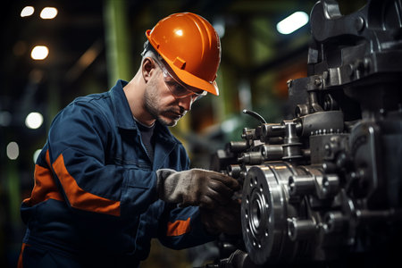 Efficient Industrial Engineer Mastering the Lathe Machine for Precise Component Drilling in a Large Manufacturing Factoryの素材