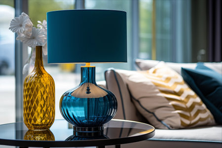 Enchanting Interiors: Elevate Your Space with a Chic Blue Lampshade, Glass Table Lamp, and Stylish Grey Accentsの素材