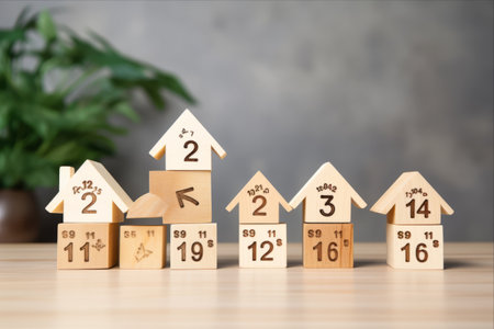 Exploring the allure of interest percent symbol icons on a wooden house cube: Insights into the world of home real estate -- AR 3:2の素材