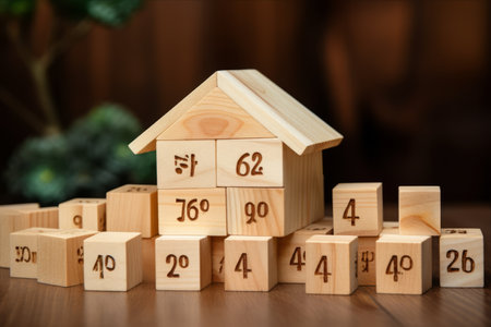 Exploring the Significance of Interest Percent Symbol Icons on Wooden House Cube in Real Estate - AR 3:2の素材