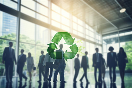 Coming Together for a Sustainable Future: Environmental Natural Ecology Recycle Icon Inspires Diverse Group of Business Professionals at a Modern Officeの素材