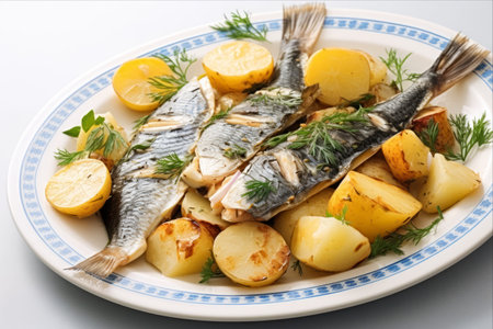 Fishy Delight: Mackerel and Potatoes on a Clean Canvasの素材