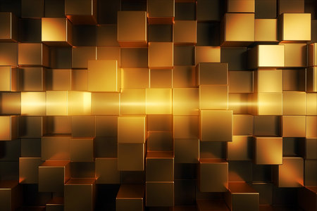 Glowing Lights on Abstract Geometric Metallic Gold 3D Texture Wall: A Contemporary AR 3D Illustrationの素材