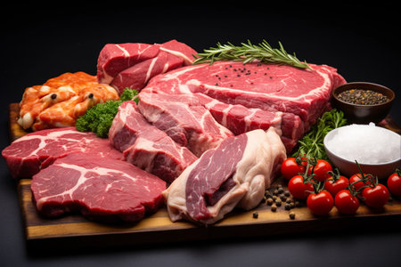 Savor the Savory Symphony: An Exquisite Medley of Salmon, Beef, Pork, and Chicken in Proportions of 3:2の素材