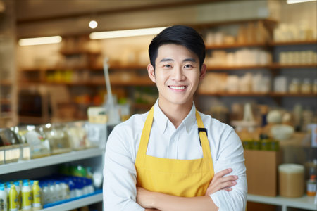 Captivating Portrait: Charismatic Asian Salesman Brightens Grocery Store with His Cheerful Smileの素材