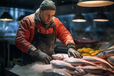 Frozen Gems: A Day in the Life of a Supermarket Deli Worker in the Fish Departmentの素材