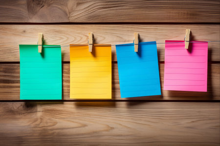 Vibrant Wood Clips: Adding a Splash of Color on a Rustic Backgroundの素材